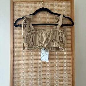 Tie-Shoulder Ruched Crop Top in Tan